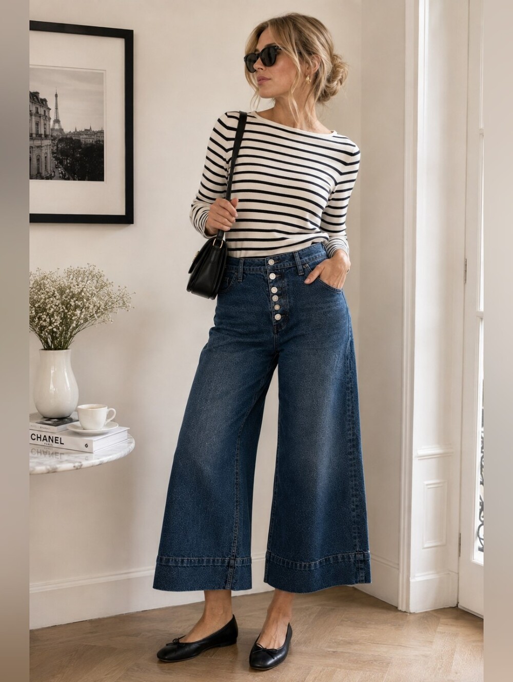 Guess High Rise Wide Leg Cropped Jeans Button Fly Dark Blue Wash Gauchos 28